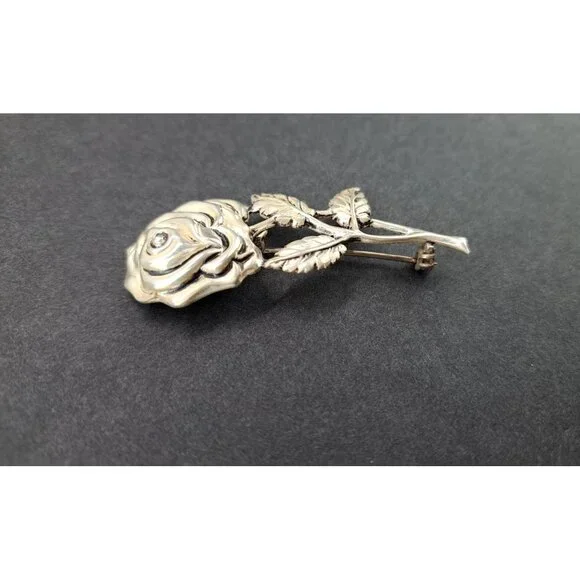 Vintage Sterling Silver Rose Brooch Pin Detailed Floral Design Floral Statement - Picture 4 of 9